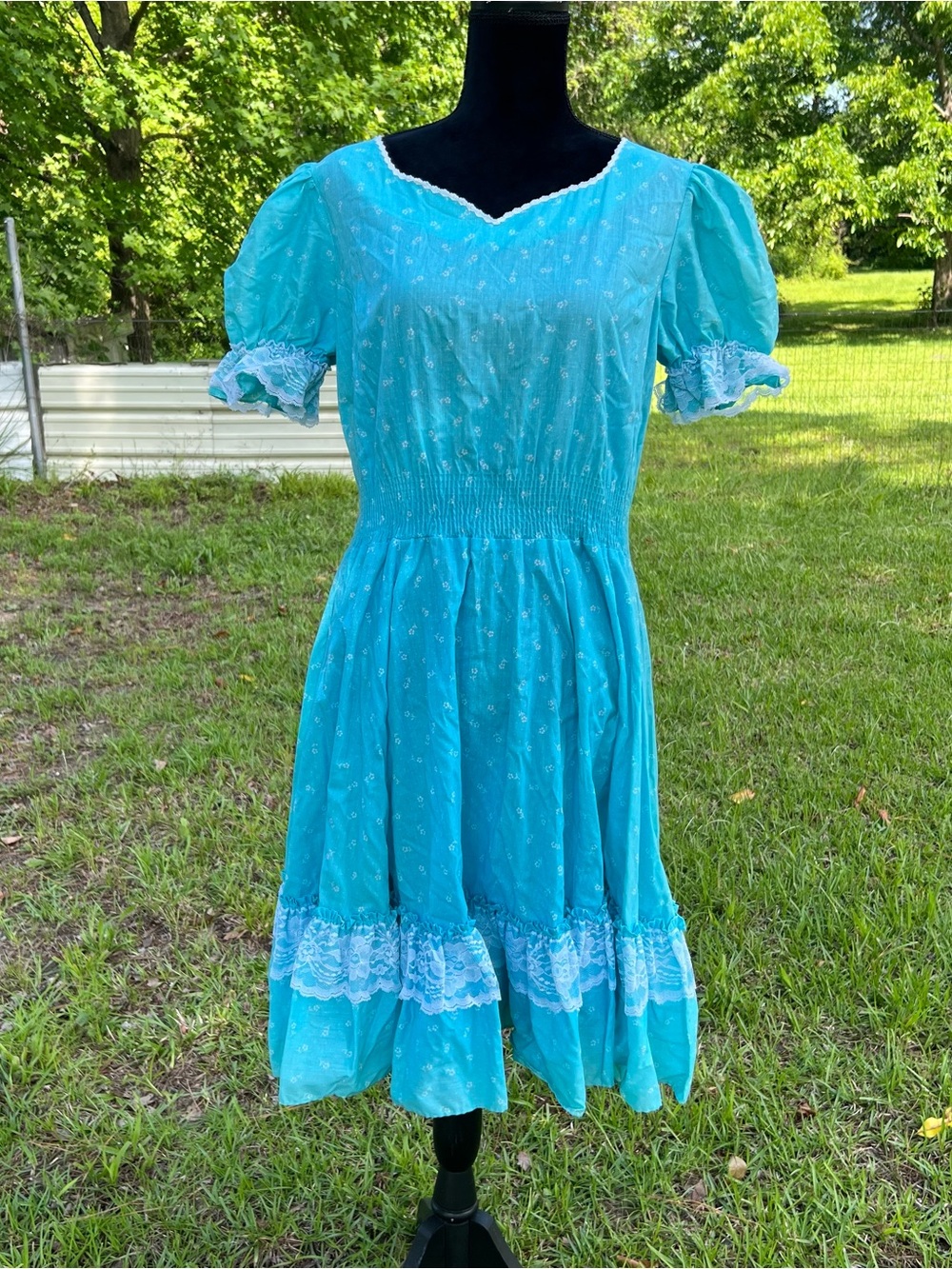 Vintage Partners Please Malco Modes Square Dance Dress Floral Blue Lace Size 14
